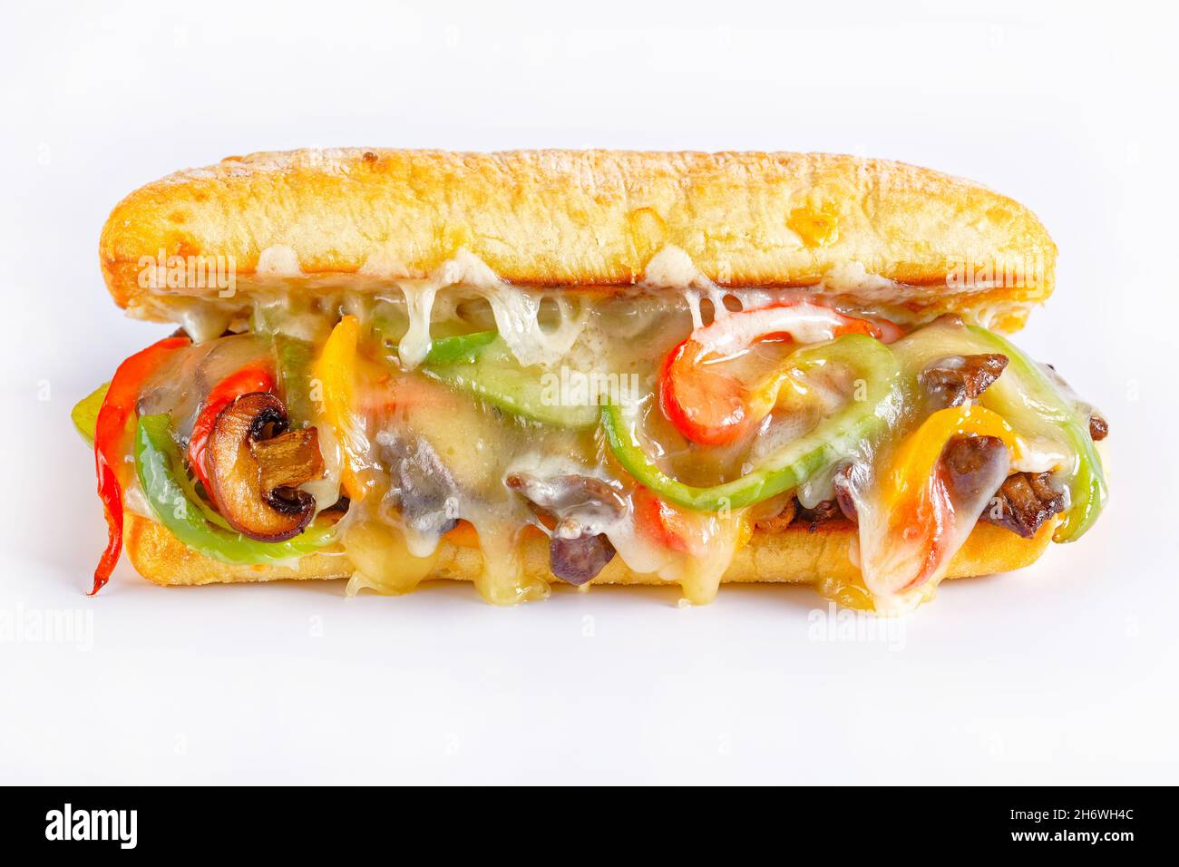 Philly cheesesteak sandwich with roasted beef, pepper, caramelized
