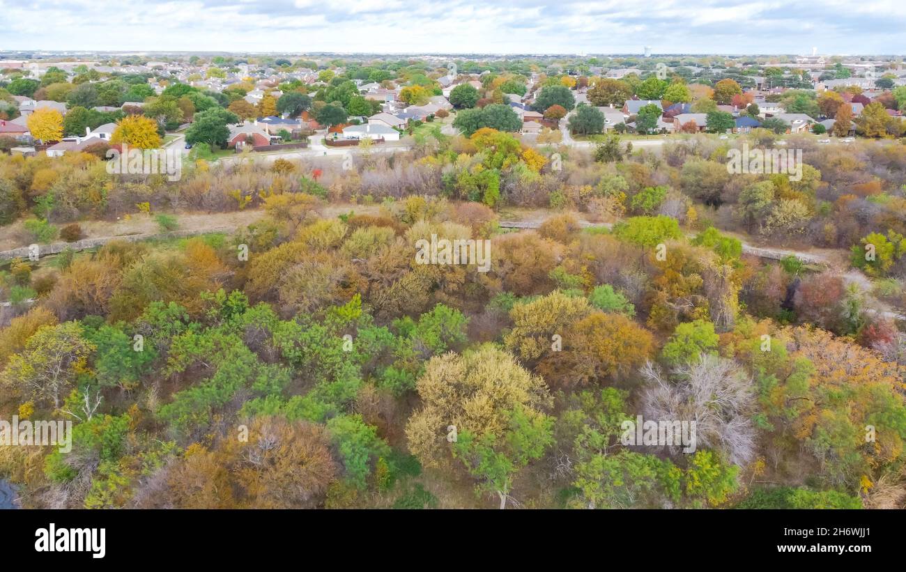 Top view forest view residential neighborhood and beautiful fall