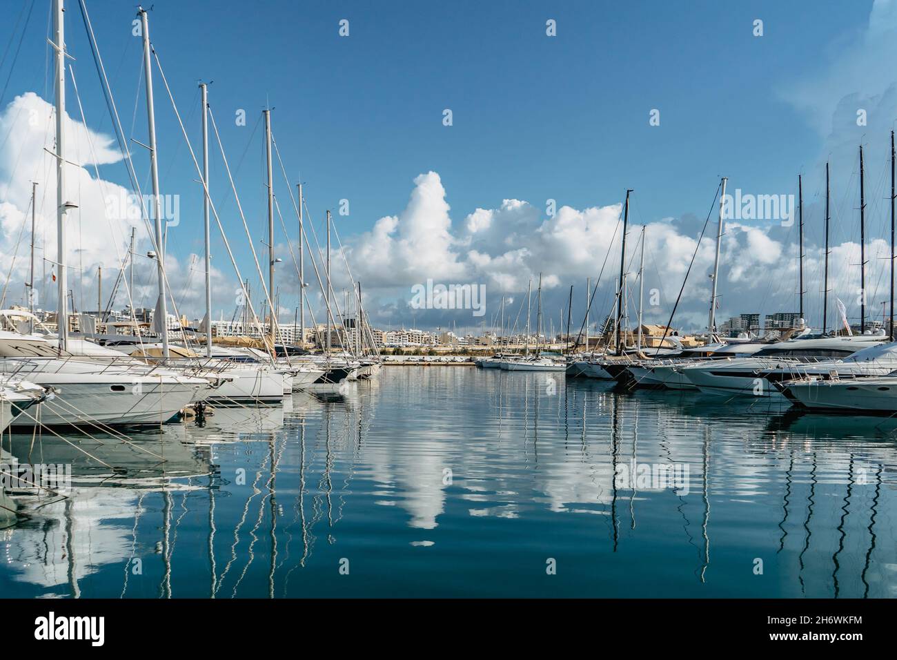 Luxury boats and yachts in harbor. Sunny summer day.Holiday high class lifestyle travel concept.Boat trip in Mediterranean.View of expensive sailing y Stock Photo