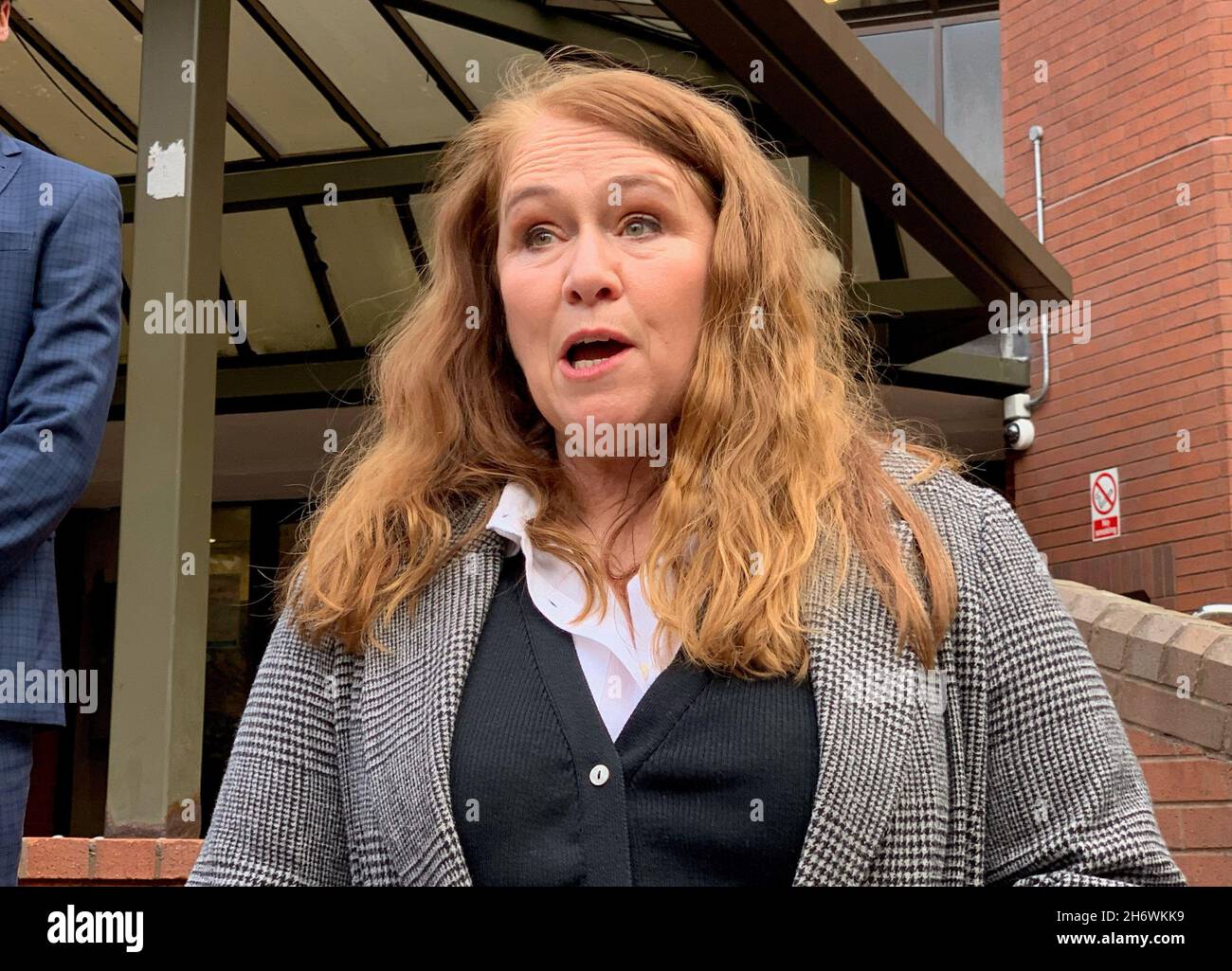 Jacob Billington's mother Joanne Billington speaking outside Birmingham Crown Court after the sentencing of Zephaniah McLeod. The 28-year-old, who was diagnosed with paranoid schizophrenia in 2012, previously admitted the manslaughter of Jacob, after stabbing the 23-year-old to death in the early hours of September 6, 2020. Picture date: Thursday November 18, 2021. Stock Photo