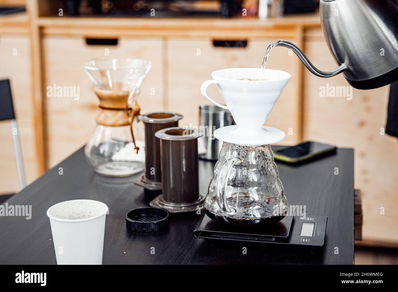 https://c8.alamy.com/comp/2H6WMEG/alternative-method-of-making-coffee-funnel-drip-glasses-with-paper-filter-chemex-pour-over-kettle-2H6WMEG.jpg