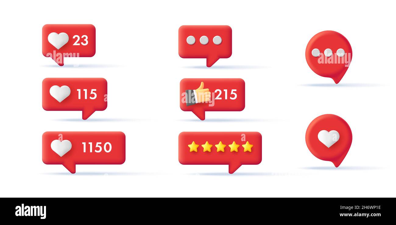 Set of digital notification tags, 3d interface icons with likes