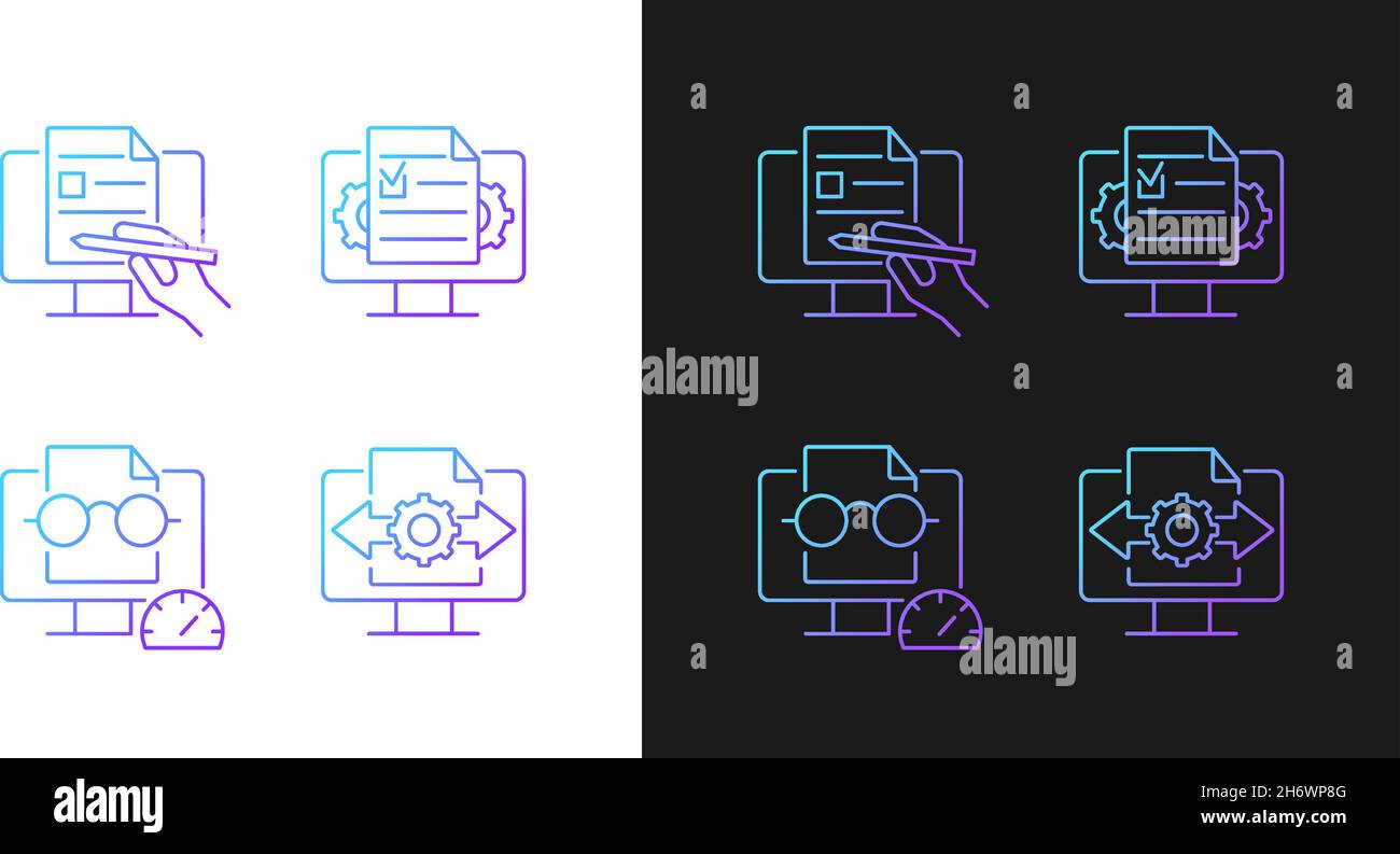 Proficiency in document management gradient icons set for dark and light mode Stock Vector
