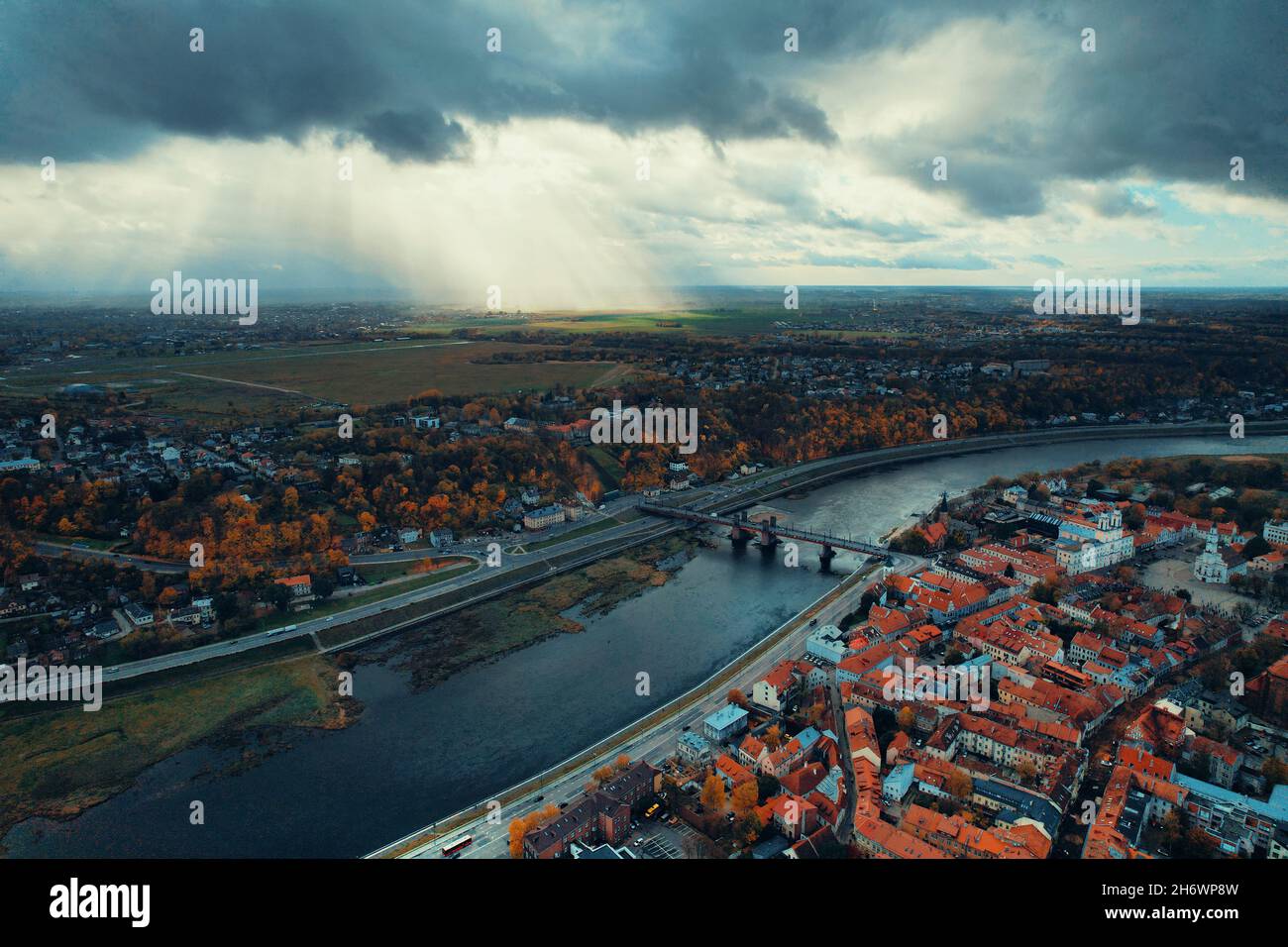 Light beams over Kaunas Old Town Stock Photo