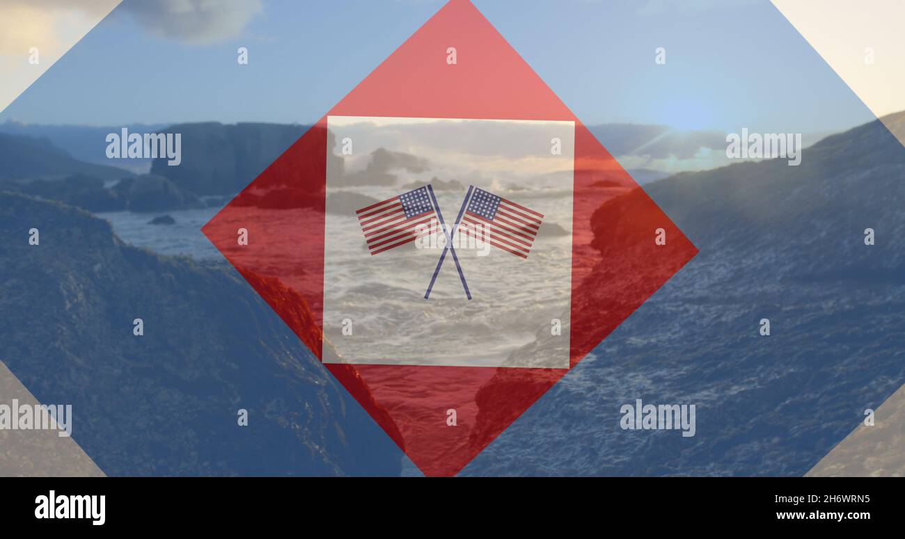 Image of red, white and blue squares and crossed american flags over ...