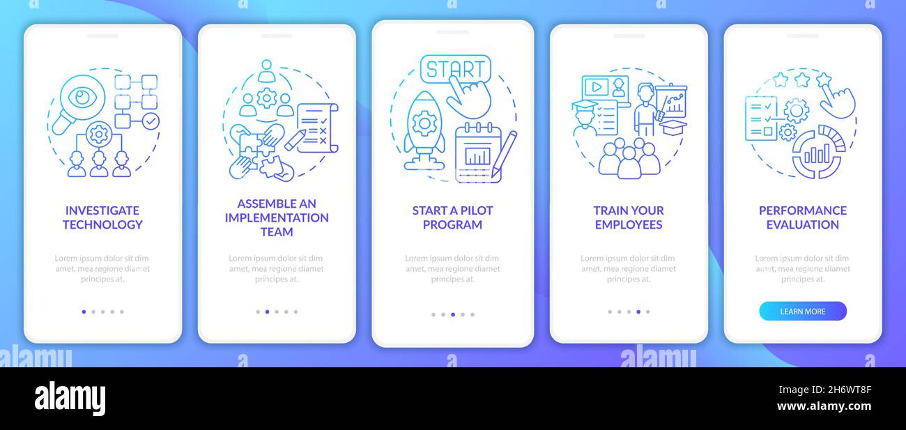 Implement technology steps onboarding mobile app page screen Stock Vector