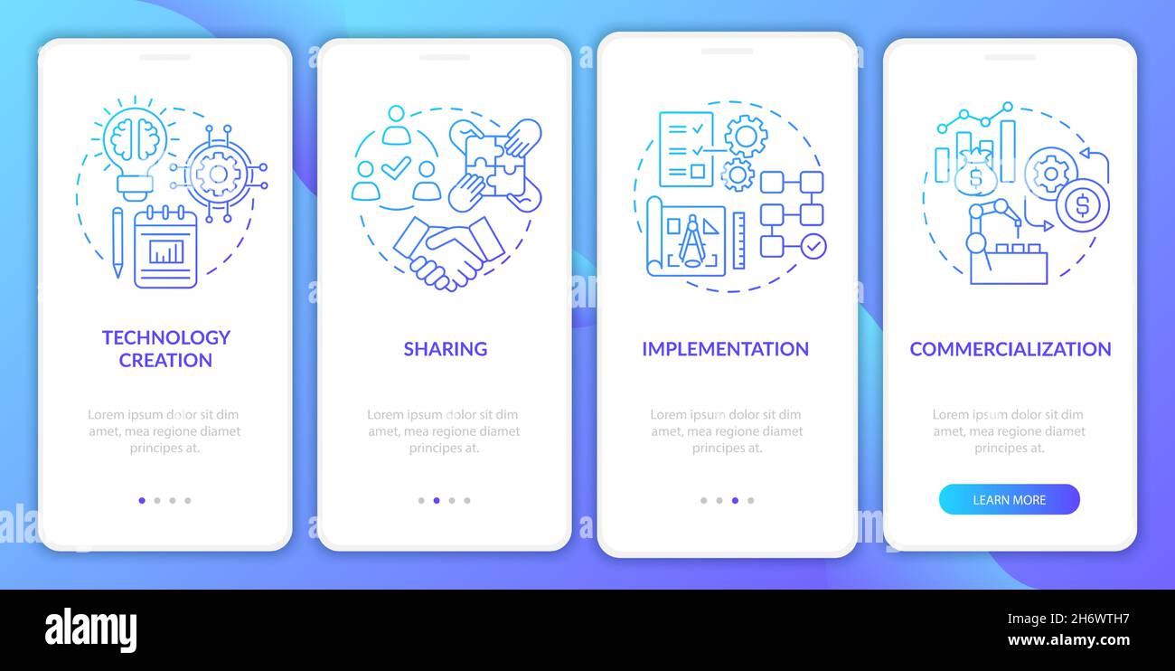 Tech transfer phases onboarding mobile app page screen Stock Vector