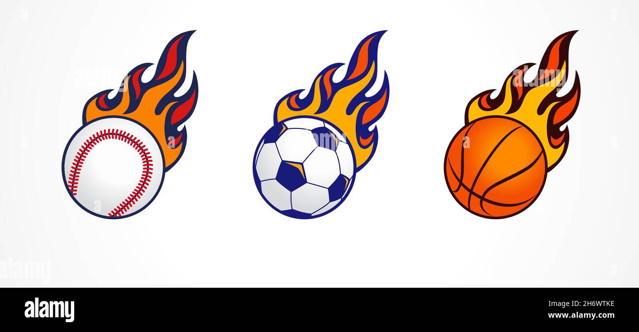 Baseball, football and basketball icons in fire. Vector design for sport team emblem or championship badge. Tournament signs baseball, soccer, basket Stock Vector