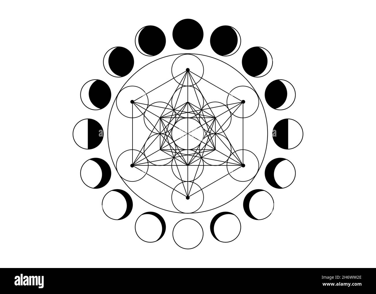 Metatrons Cube, Flower of Life. Sacred geometry, Moon Phases, geometric elements. Mystic icon platonic solids, abstract geometric drawing, crop circle Stock Vector
