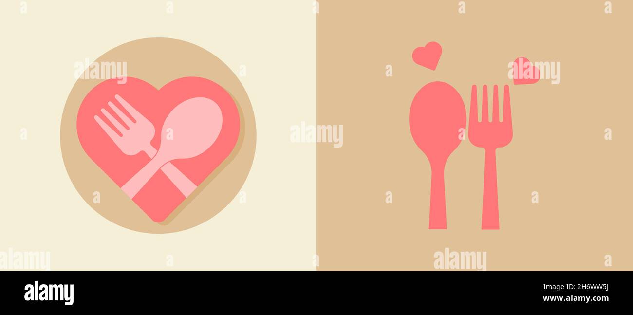 Spoon and fork with hearts flat style icon. Isolated. Stock Vector