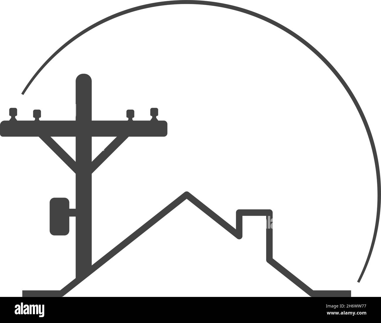 Electric pole and house rooftop icon. Flat style. Isolated on white background. Stock Vector