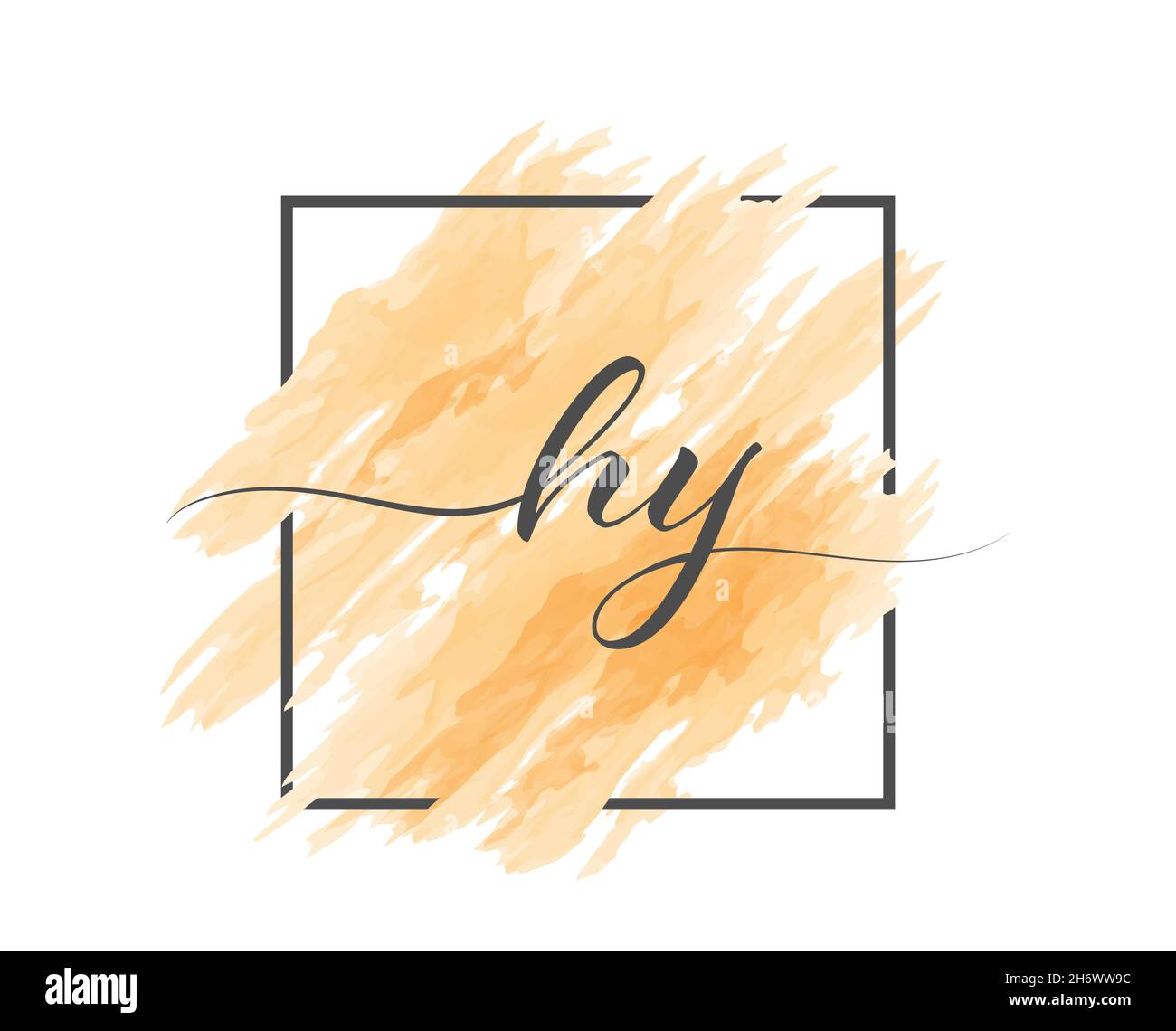 calligraphic lowercase letters H and Y are written in a solid line on a colored background in a frame. Simple Style Stock Vector