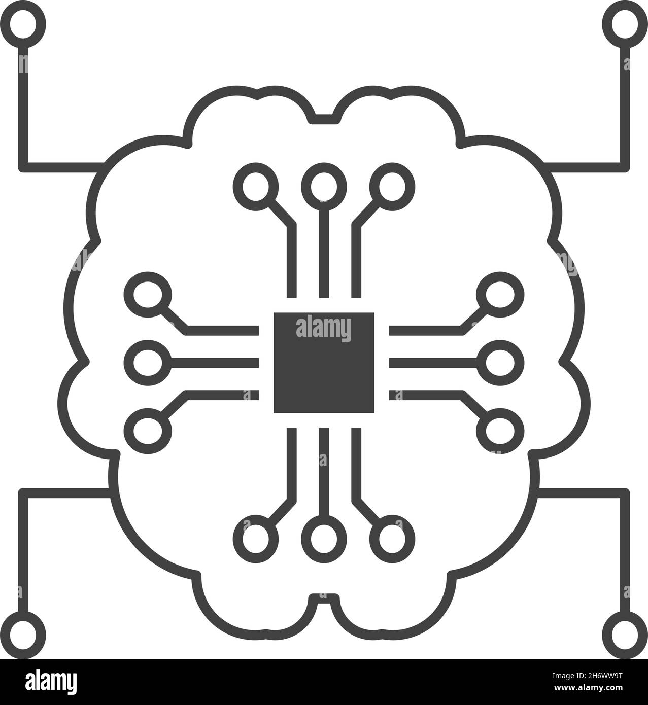 Human brain connected with a computer CPU chip circuit. AI or Artificial Intelligence concept. Outline thin line icon. Isolated. Stock Vector