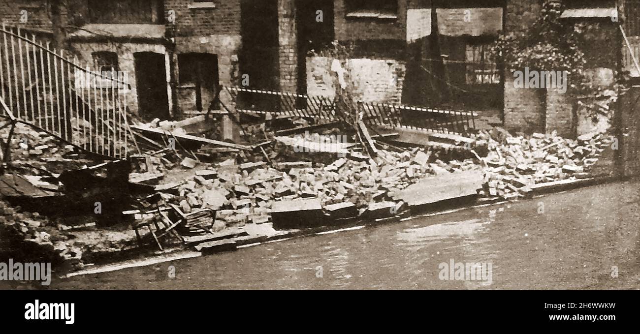 A scene from the London floods (UK) in 1929   --  Damage to rear of R.A.M.C. college  after 18 days of continuous rain fell. Stock Photo