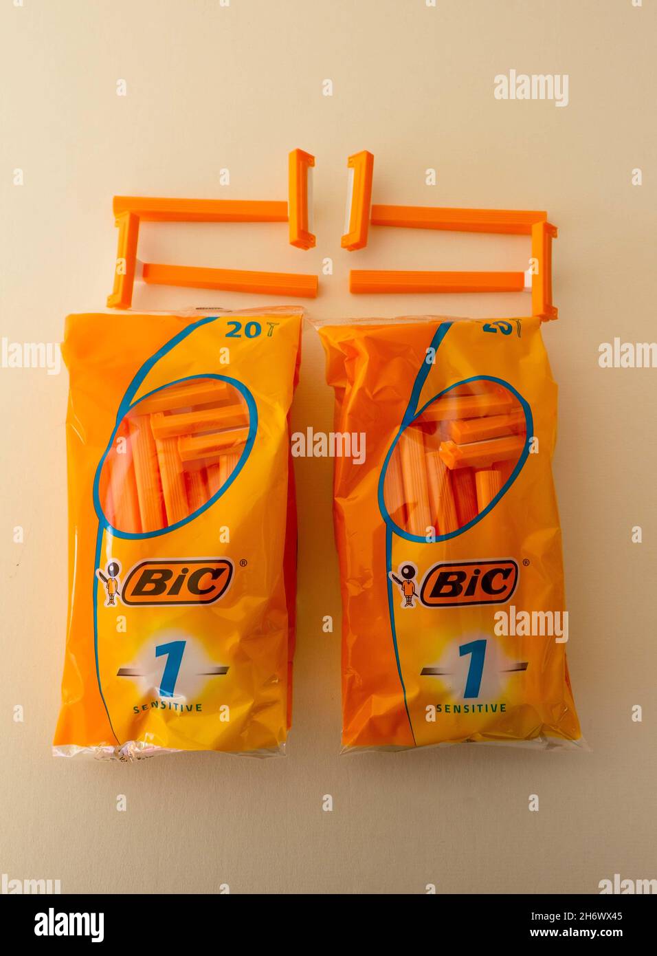 Bic Disposable razors in packets and a few loose Stock Photo