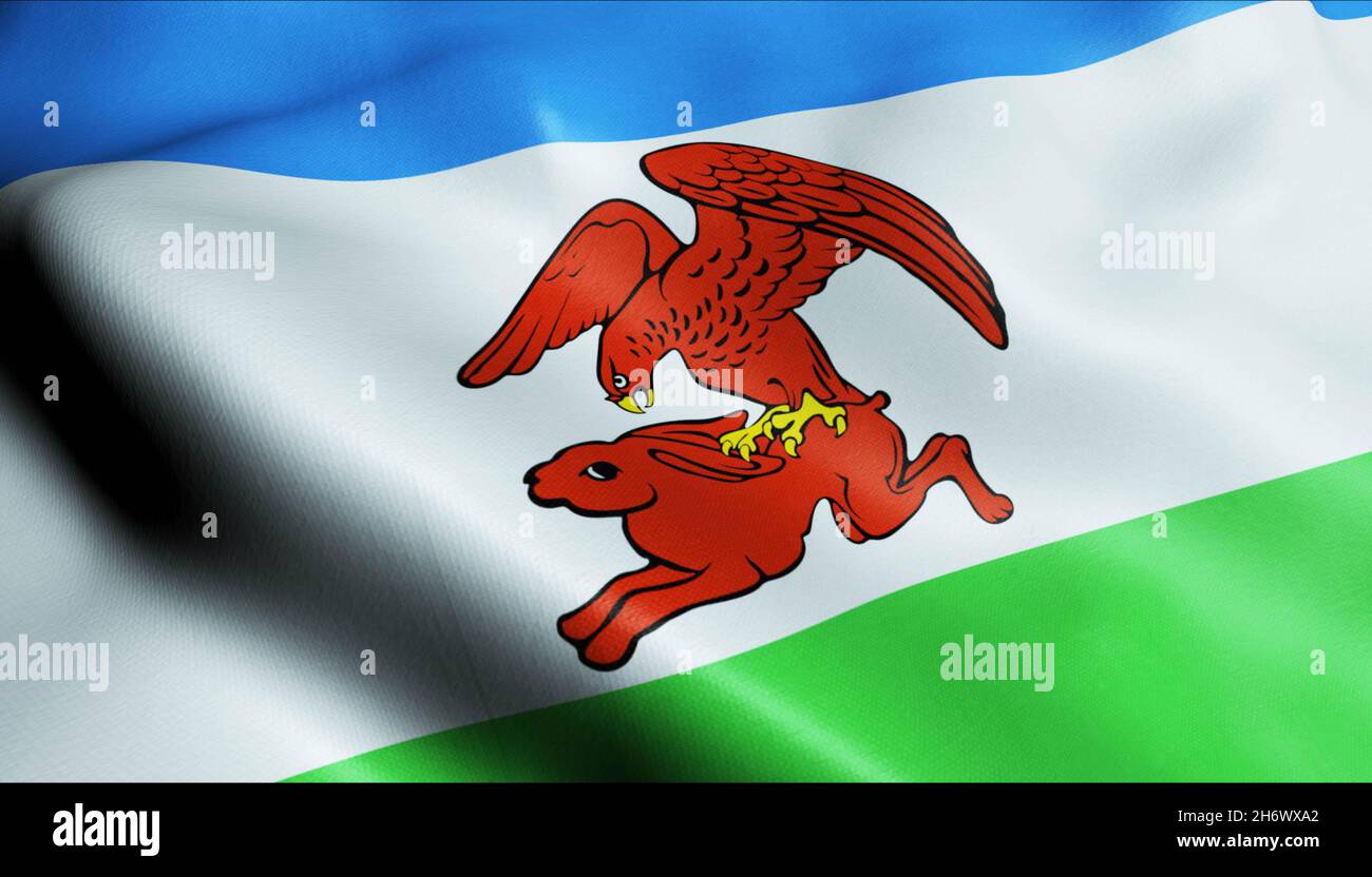 3D Illustration of a waving Poland city flag of Kalisz Pomorski Stock Photo