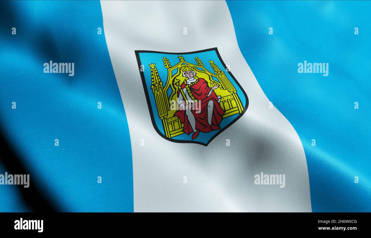 3D Illustration of a waving Poland city flag of Grodzisk Wielkopolski Stock Photo