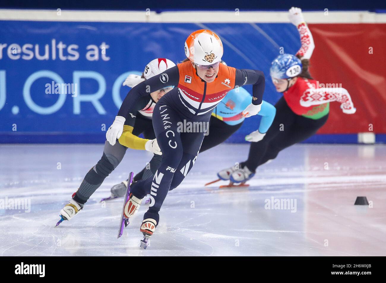 DEBRECEN, HUNGARY - NOVEMBER 18: Yara van Kerkhof of The Netherlands  competing during the ISU World Cup Short Track Speed Skating at Fonix Arena  on November 18, 2021 in Debrecen, Hungary (Photo