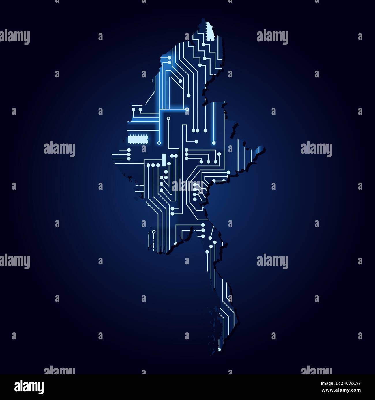 Contour map of Myanmar with a technological electronics circuit. Stock Vector