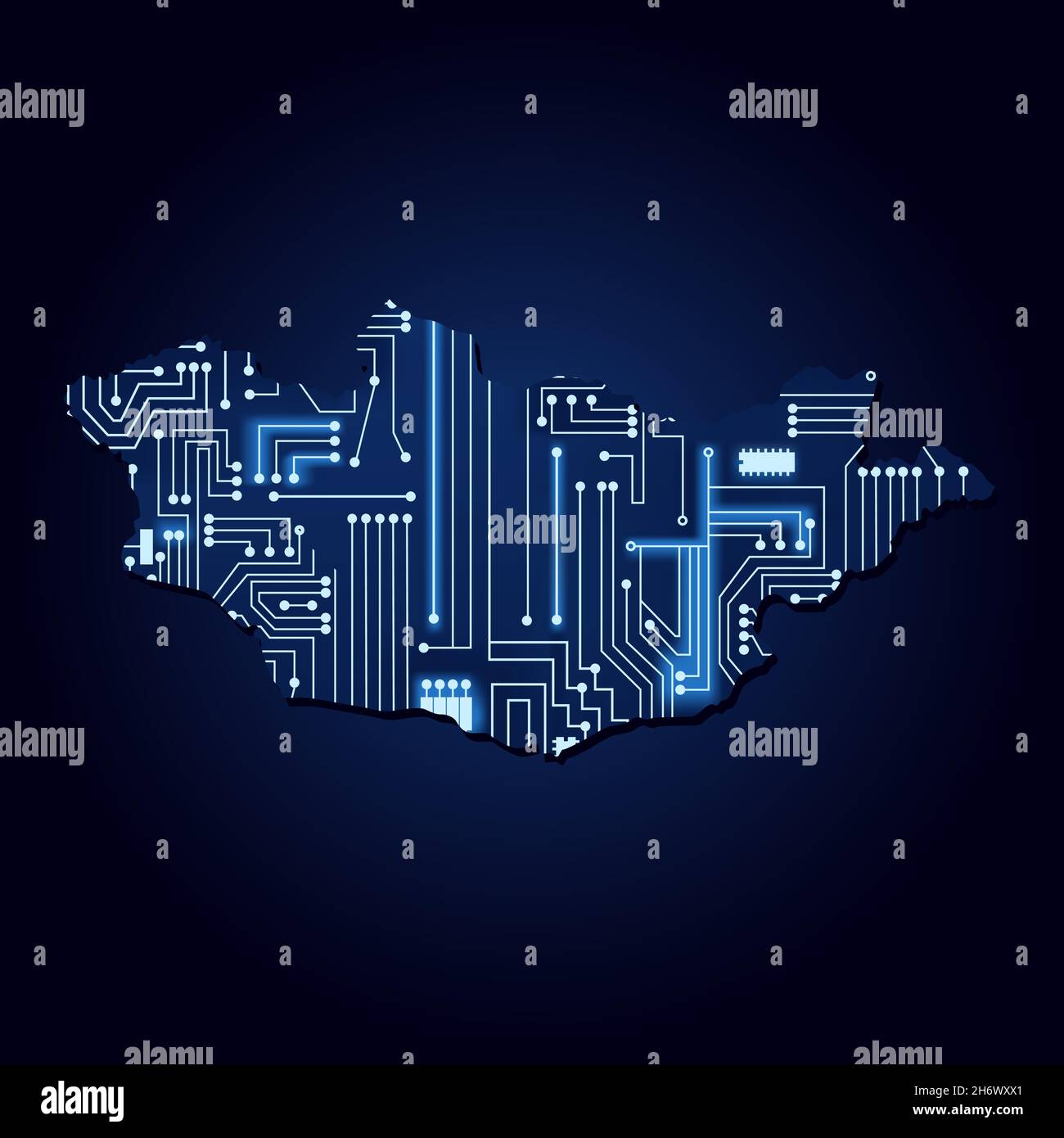 Contour map of Mongolia with a technological electronics circuit. Stock Vector