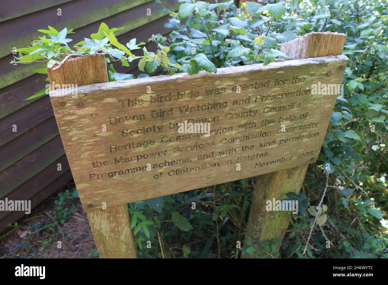 Bird hide information sign. Budleigh Salterton. The England south west ...