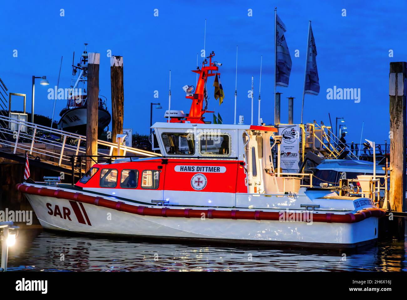Sea rescue boat Hans Dittmer of the German Sea Rescue Society in the harbor of Juist, East Frisian Islands, Germany. Stock Photo