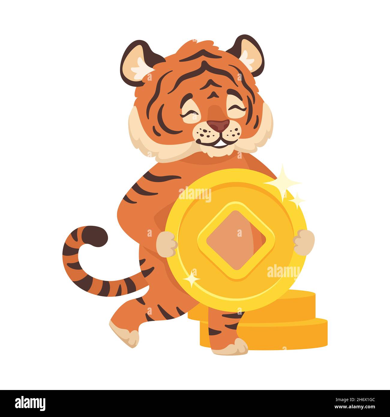 cute tiger with golden square-holed Chinese coins Stock Vector