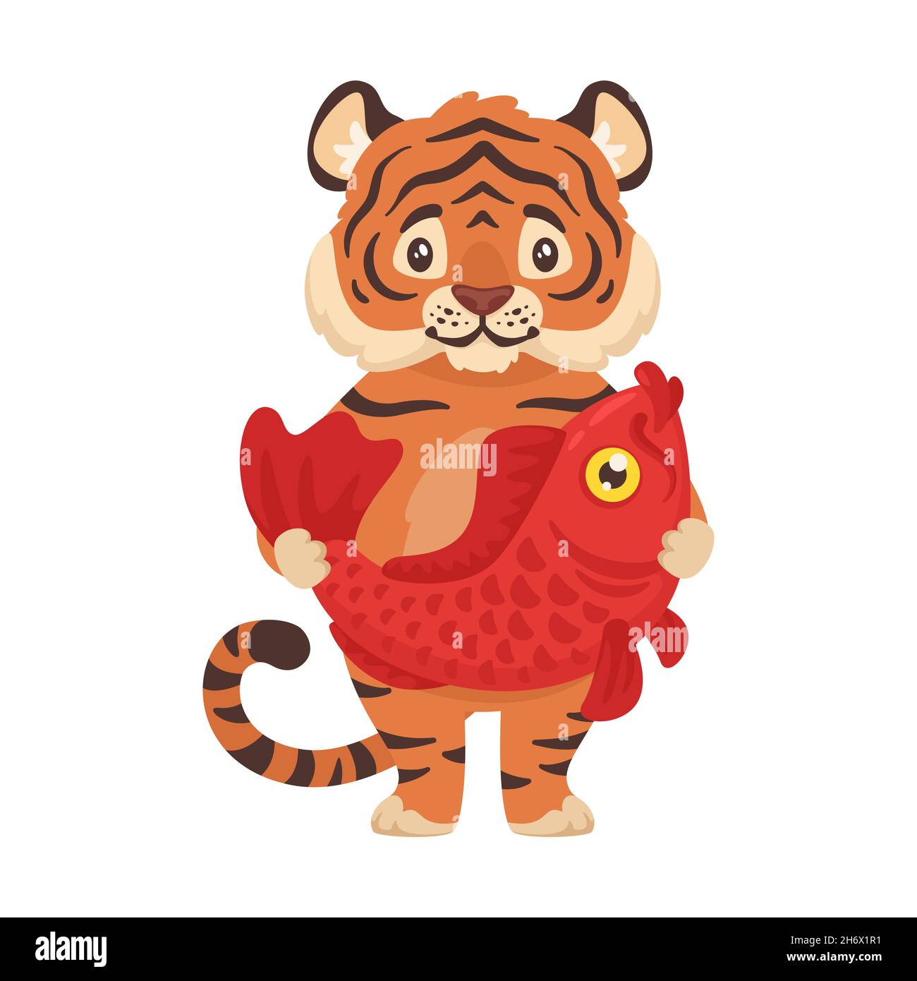 illustration of a cute tiger holding goldfish Stock Vector
