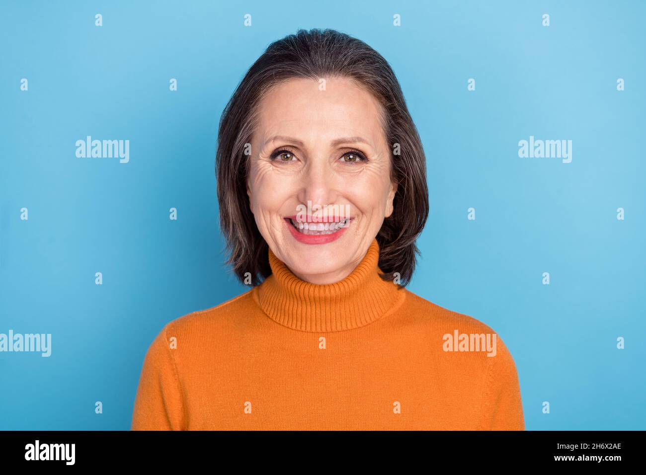 Beaming Picture Portrait of charming pretty person toothy beaming smile look camera ...