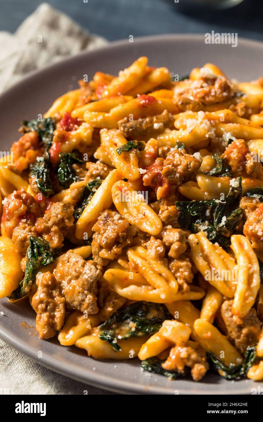 Homemade Cavatelli Pasta Dinner with Sausage and Spinach Stock Photo
