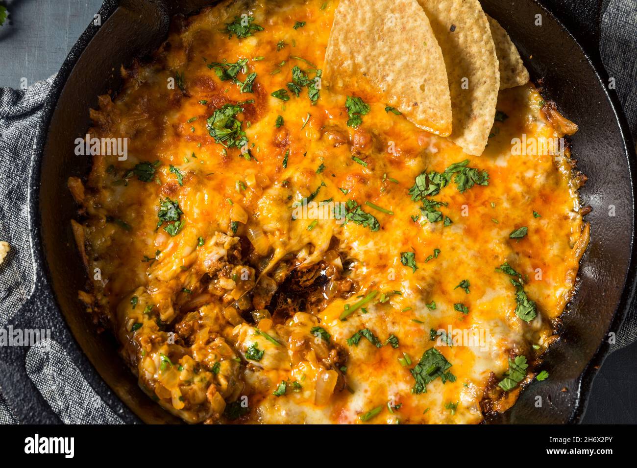 Homemade Mexican Chorizo Queso Oaxaca Dip with Tortilla Chips Stock