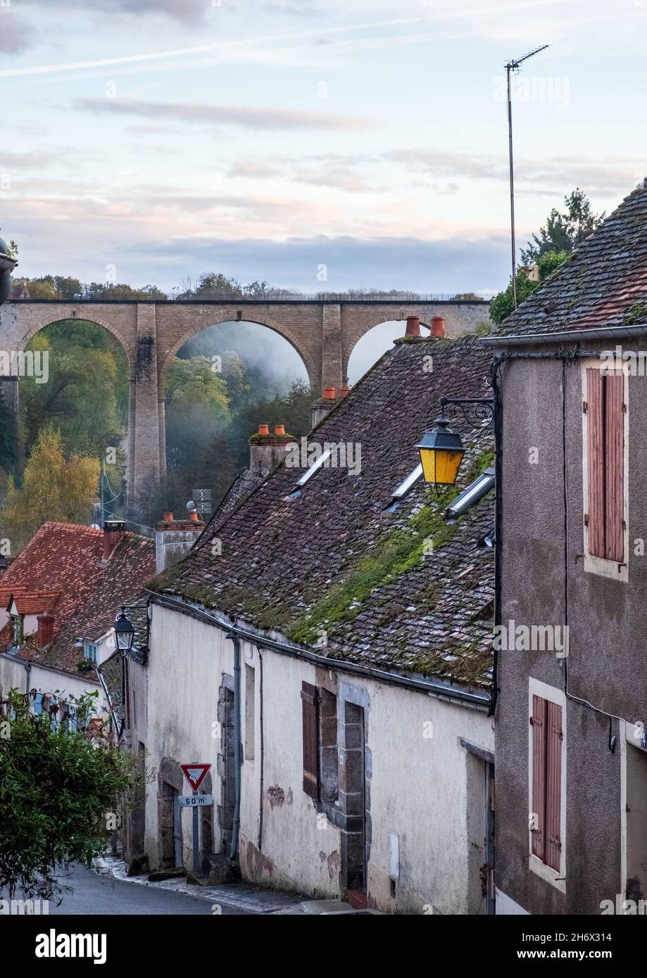 A rail viaduct at the town  of Semur-en-Auxois, Cote d'Or, France Stock Photo