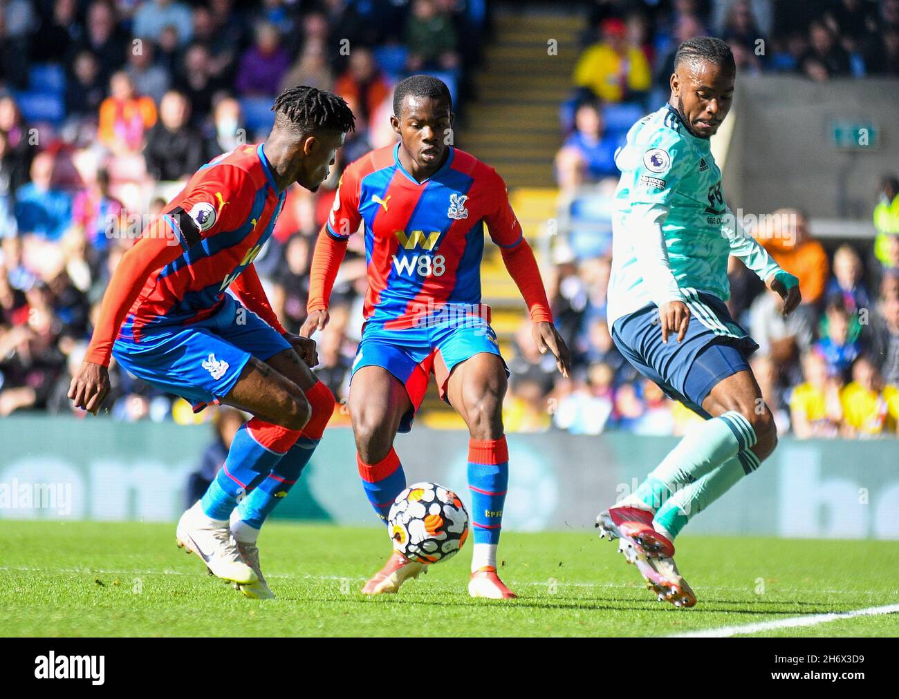 LONDON, ENGLAND - OCTOBER 3, 2021: Tyrick Kwon Mitchell of Palace and Ademola Lookman of Leicester pictured during the 2021-22 Premier League matchweek 7 game between Crystal Palace FC and Leicester CIty FC at Selhurst Park. Copyright: Cosmin Iftode/Picstaff Stock Photo