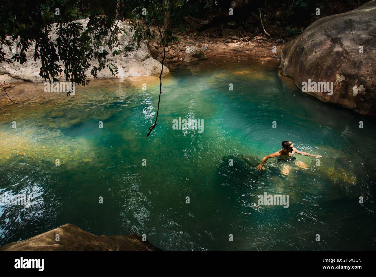 High angle view of a man swimming in a natural pond in the middle of the forest Stock Photo