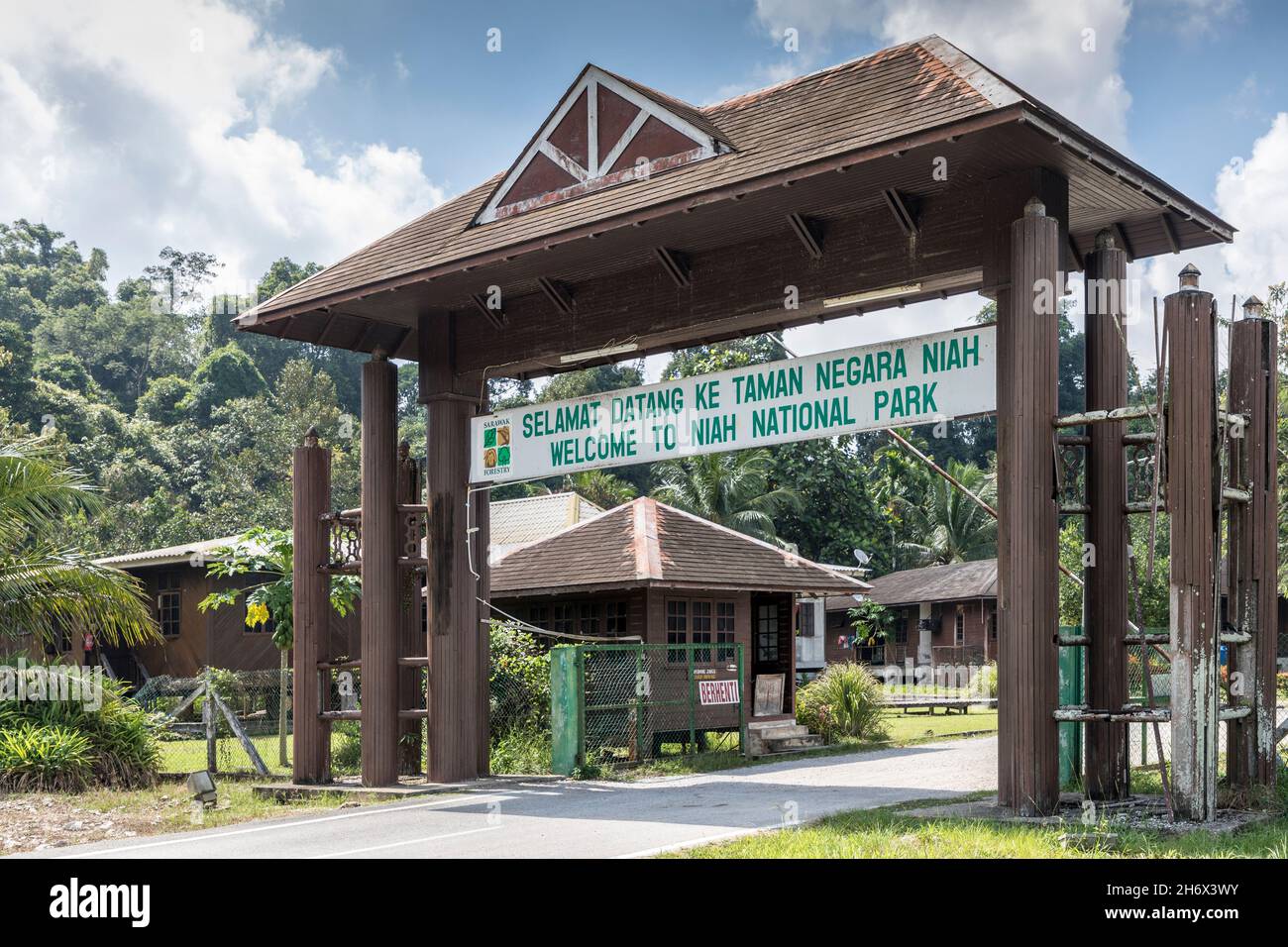 Welcome to Niah National Park and Niah cave entry sign, Malaysia Stock Photo