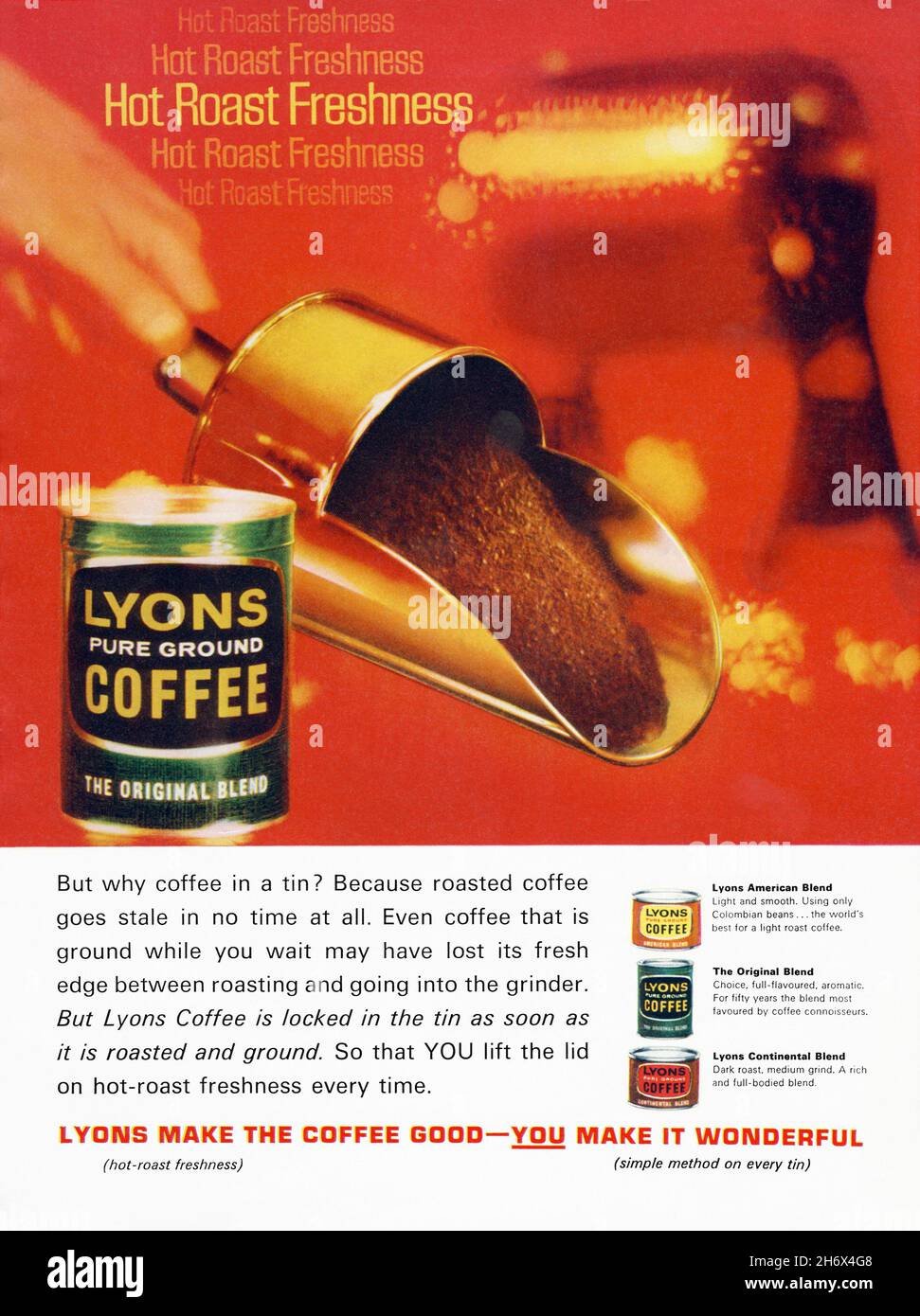 A 1960s advert for Lyons pure ground coffee. The advert appeared in a magazine published in the UK in March 1965. The photographs show various tins of the product blends, with the words emphasising the coffee’s freshness. J Lyons & Co. was a British restaurant chain, food manufacturing, and hotel conglomerate founded in 1884. In 1978 Lyons was acquired by Allied Breweries and became part of Allied Lyons. It fell on hard economic times in the late 1980s and was broken up and parts of the business sold to various companies – vintage 1960s graphics for editorial use. Stock Photo