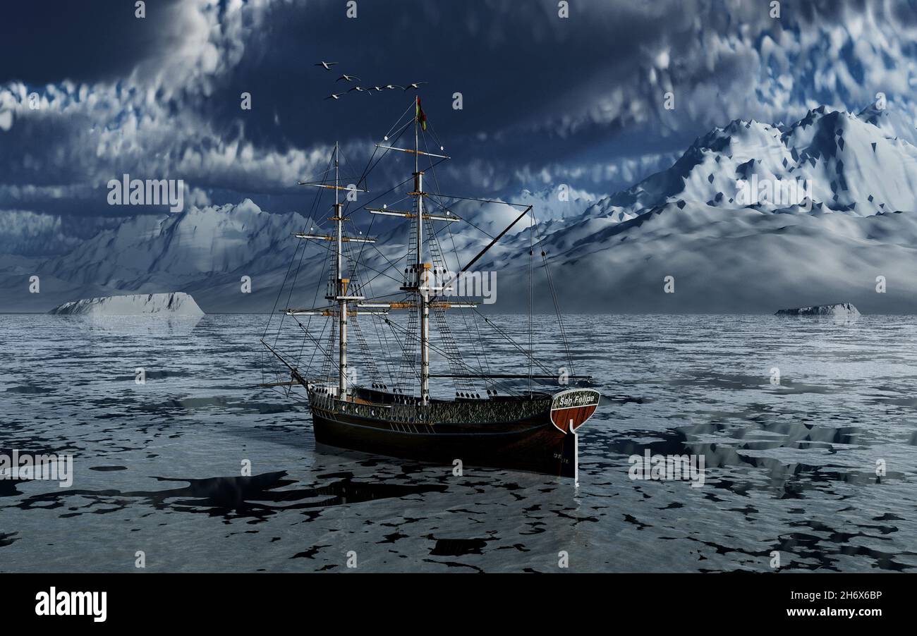 A Spanish Brig Sailing Ship Trapped In An Ice Field Stock Photo