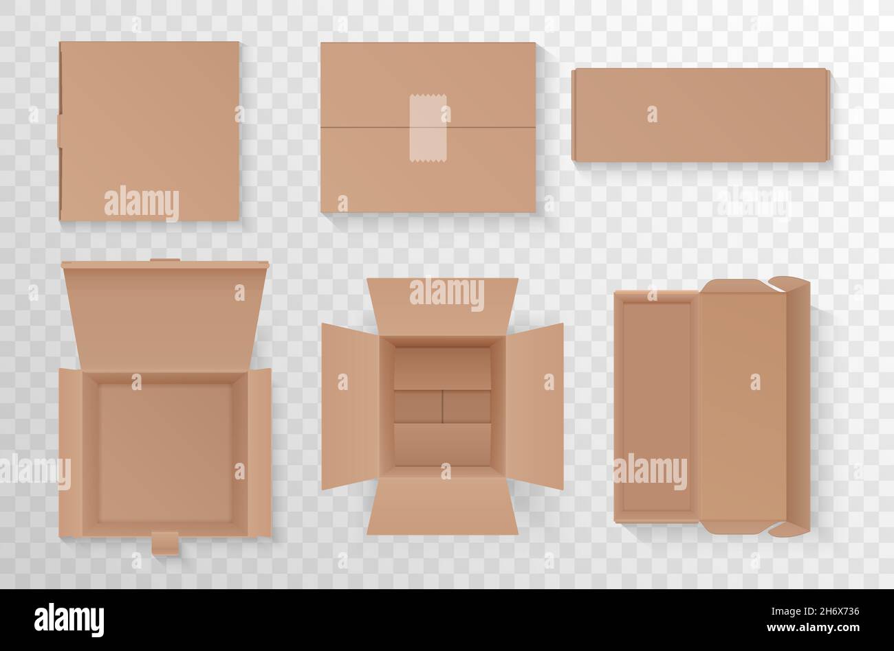 Open and closed cardboard boxes set, top view vector illustration. 3d ...