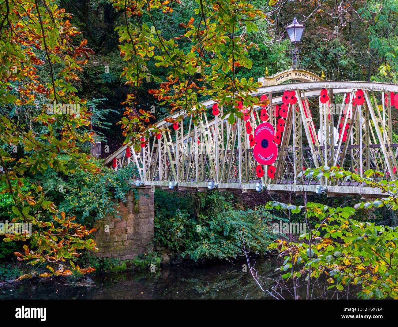Remembrance poppies on Jubilee Bridge River Derwent in Matlock Bath