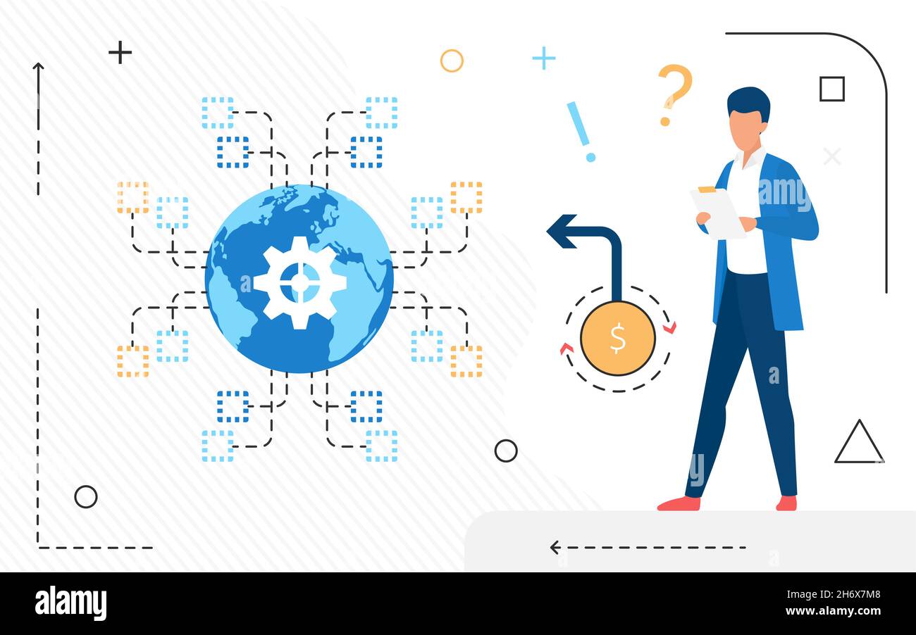 Data center worker processes and analyzes Internet streams of hosting provider vector image. Big data analytics using online technologies Stock Vector
