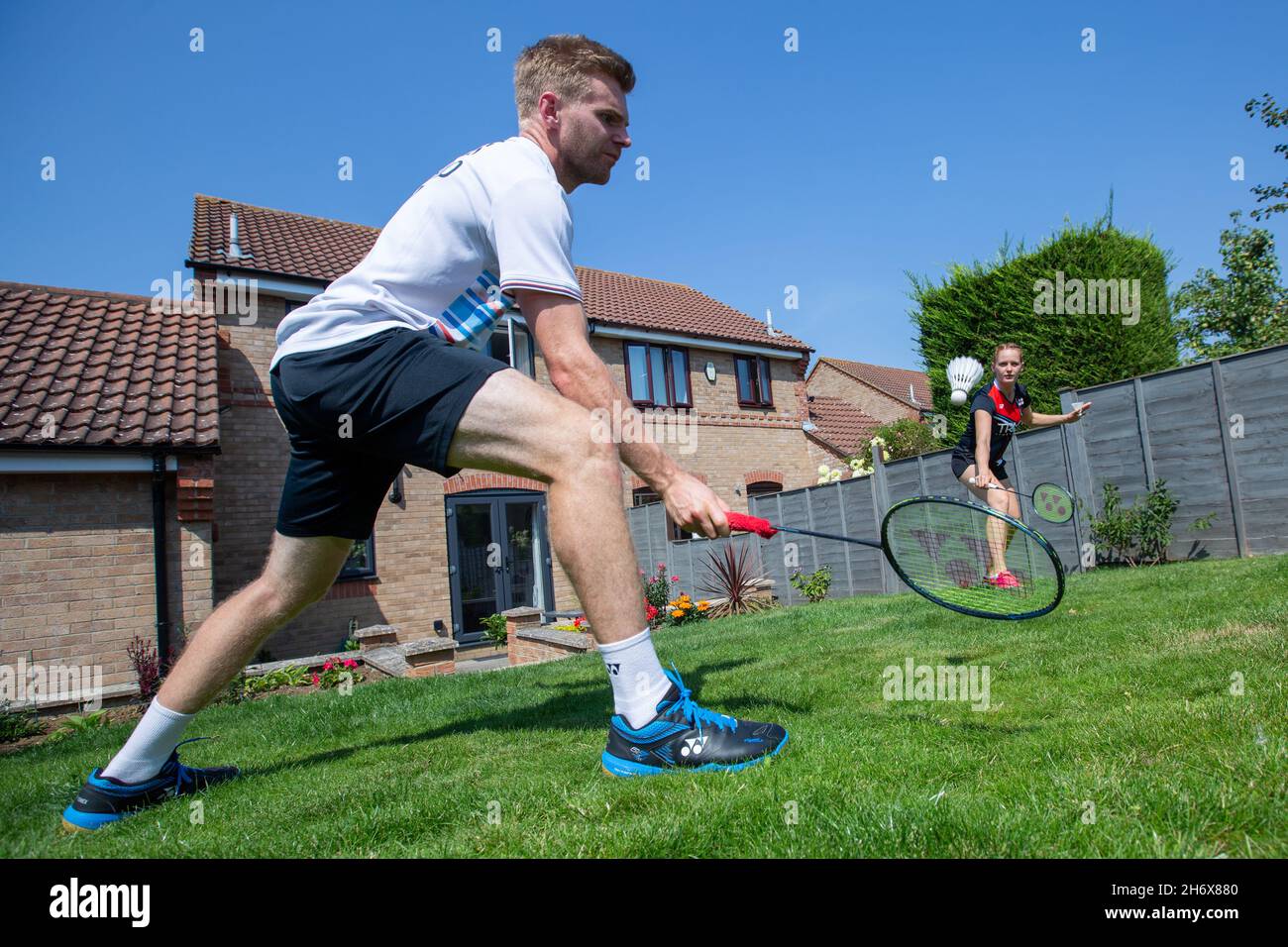 11/06/20 - Badminton England mixed doubles players Marcus Ellis and Lauren Smith playing badminton at home following Covid-19 lockdown. Stock Photo