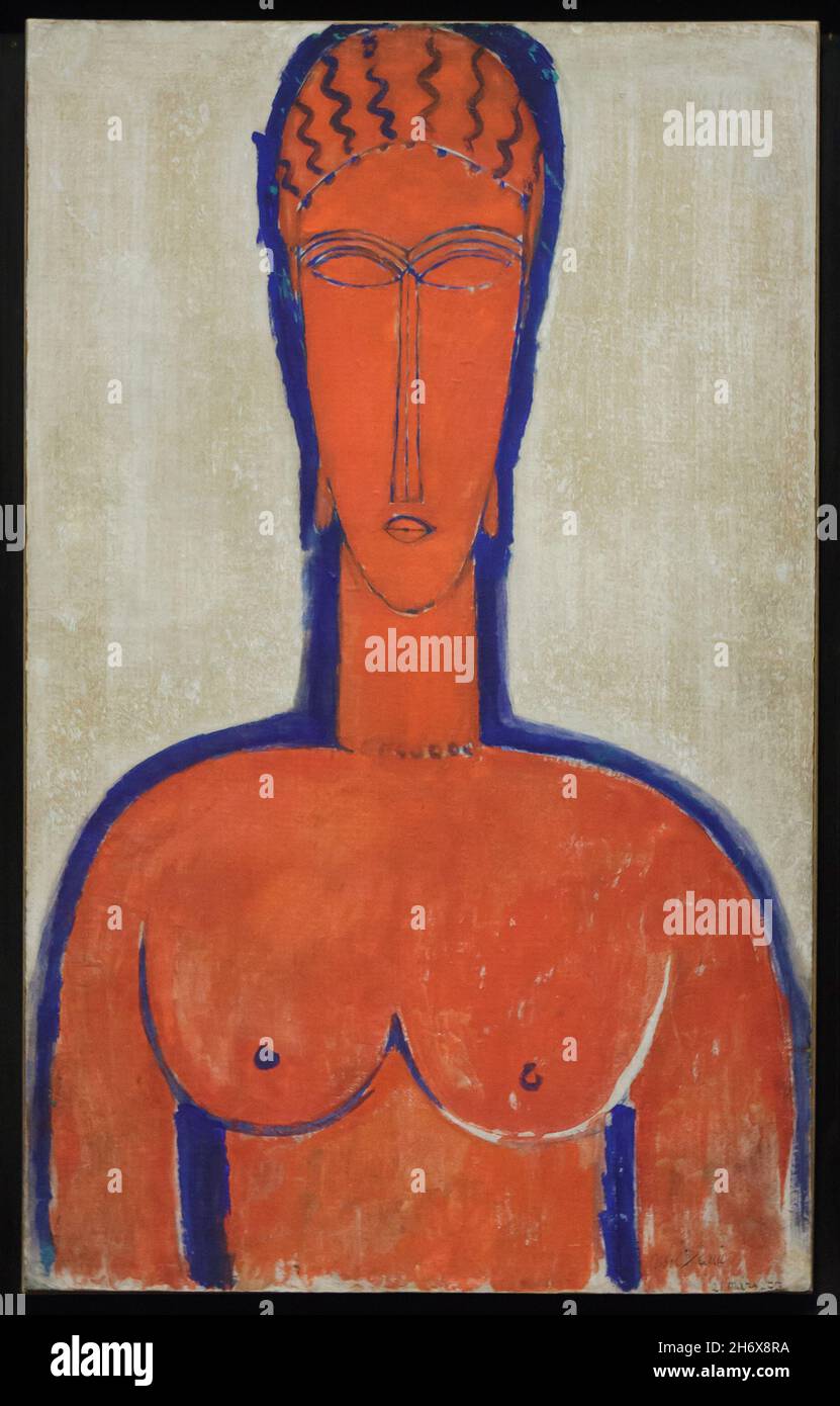 Painting 'Large Red Bust' by Italian modernist painter Amedeo Modigliani (1913) on display at his retrospective exhibition in the Albertina Museum in Vienna, Austria. The exhibition marking the centenary of artist's death runs till 9 January 2022. Stock Photo