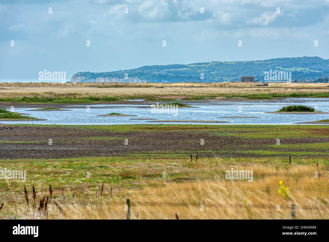 Rye Harbour Nature reserve in East Sussex, England. The old lifeboat house can bee seen in the distance Stock Photo