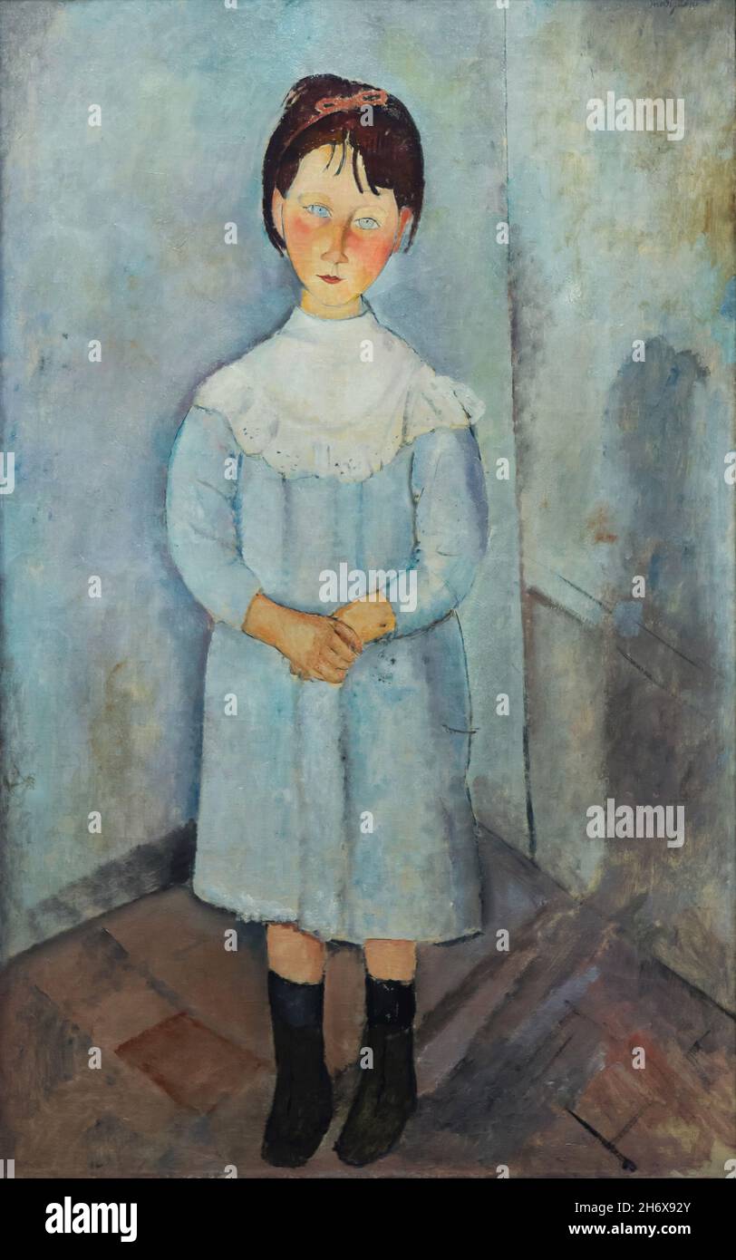 Painting 'Girl in Blue' by Italian modernist painter Amedeo Modigliani (1918) on display at his retrospective exhibition in the Albertina Museum in Vienna, Austria. The exhibition marking the centenary of artist's death runs till 9 January 2022. Stock Photo