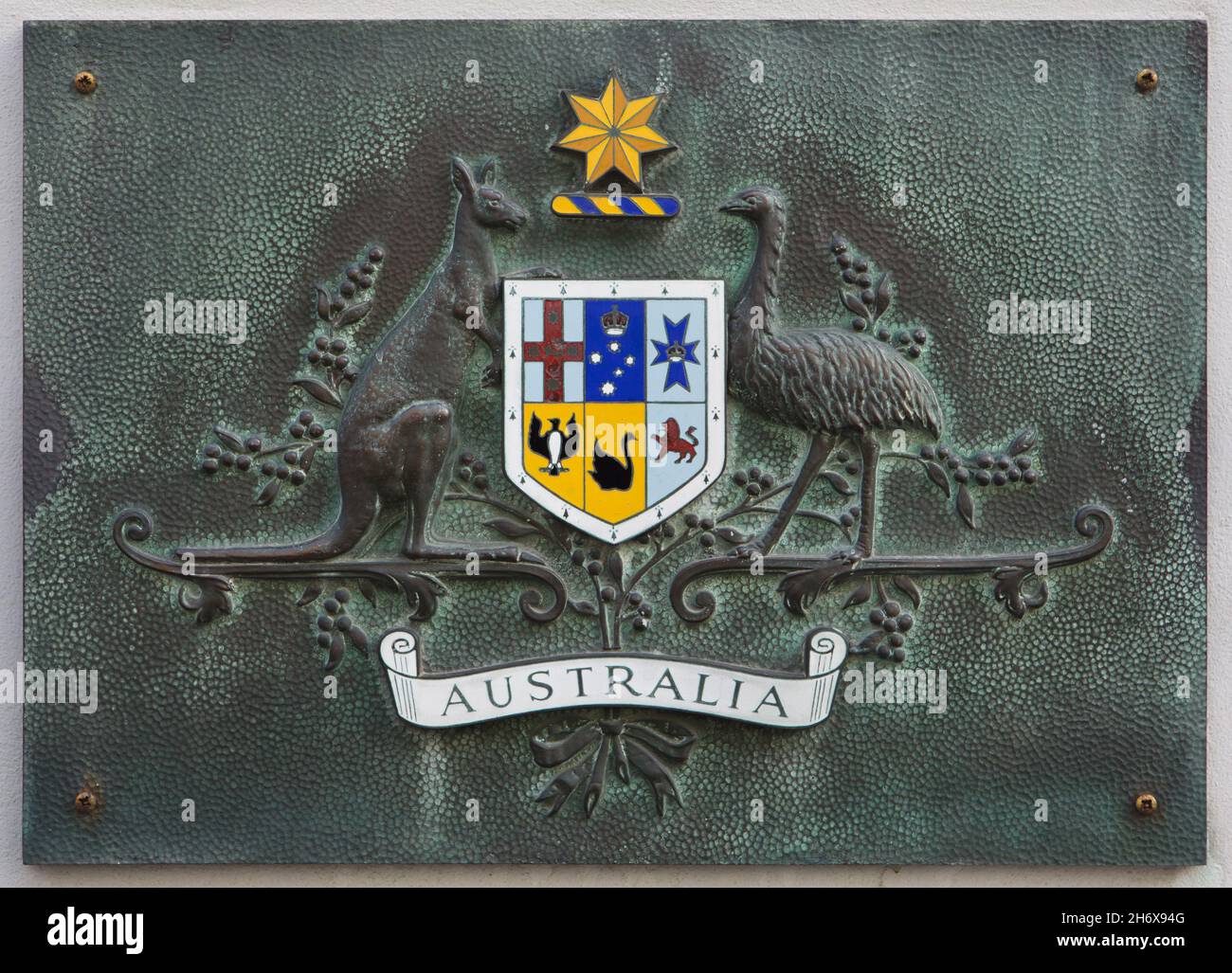 Coat of arms of Australia placed at the entrance to the Australian Embassy in Vienna, Austria. Stock Photo