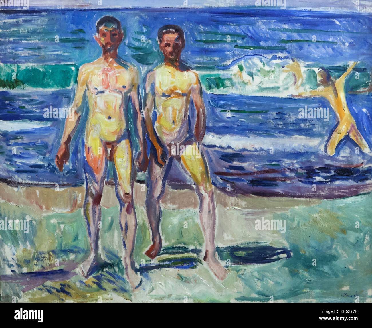 Painting 'Men on the Seashore' by Norwegian expressionist painter Edvard Munch (1908) on display in the Belvedere Museum in Vienna, Austria. Stock Photo