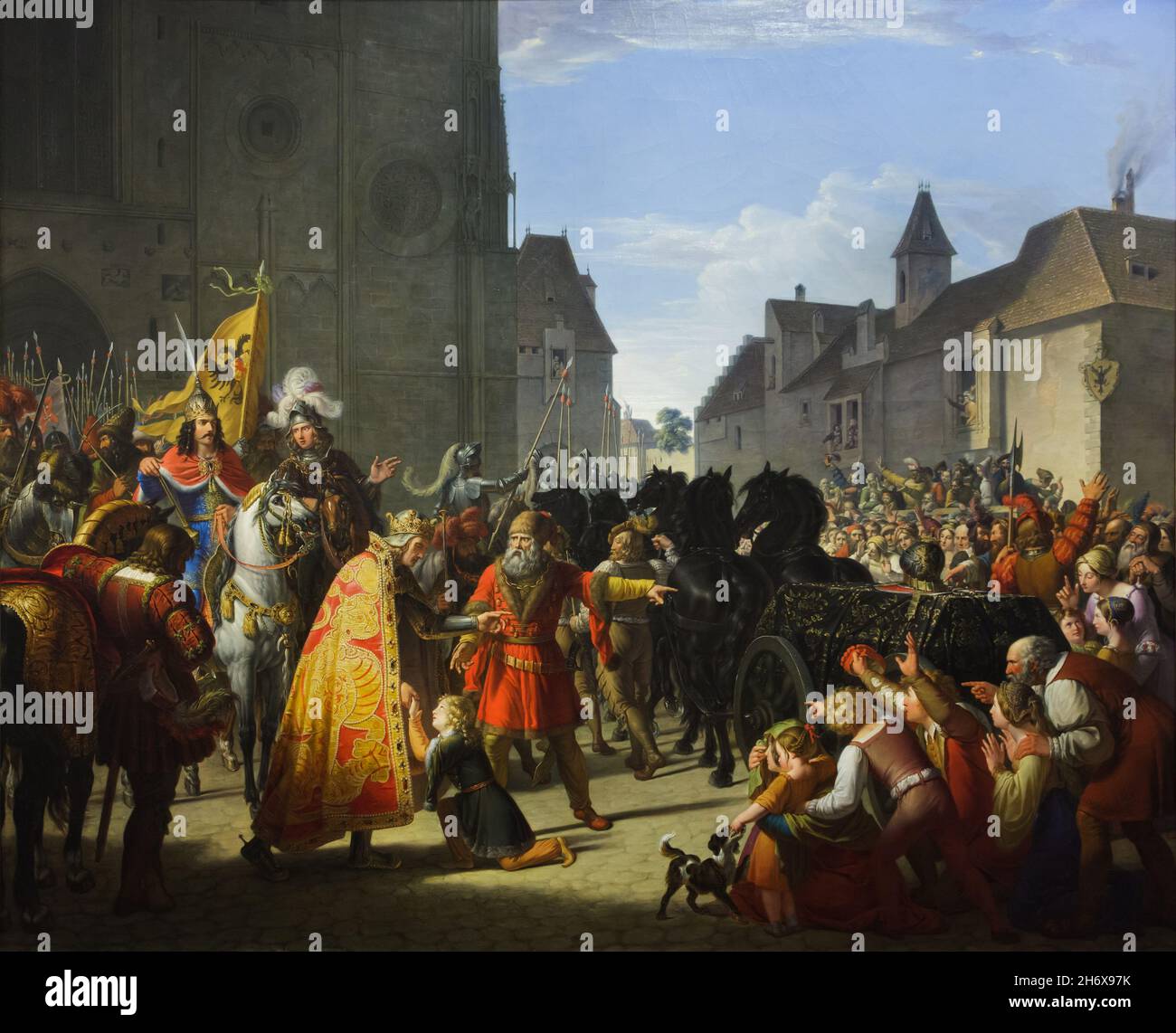 Painting 'Wenceslas asks Rudolf of Habsburg for the body of his father King Ottokar II of Bohemia' by Austrian painter Anton Petter (1826) on display in the Belvedere Museum in Vienna, Austria. The scene takes place in Vienna in front of Saint Stephen Cathedral (Stephansdom). Stock Photo