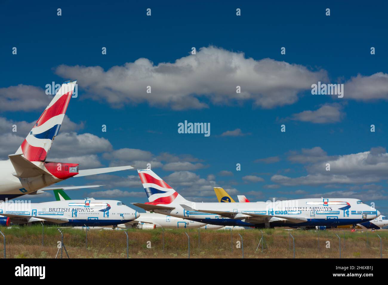 Caude, Teruel, Spain. 13th July, 2021 - Teruel Aerodrome the largest aircraft maintenance, storage and recycling center in Europe. British airways Stock Photo