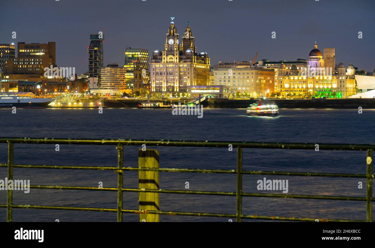 The ever changing Liverpool Waterfront on the River Mersey, with Snowdrop the ferry sailing and the Isle of Man Ferry docked in Liverpool. OCT 2021. Stock Photo