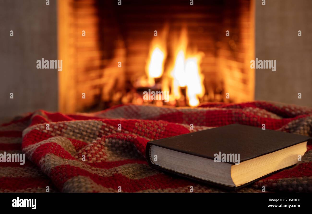 Cup of hot drink and book on blanket near fireplace indoors